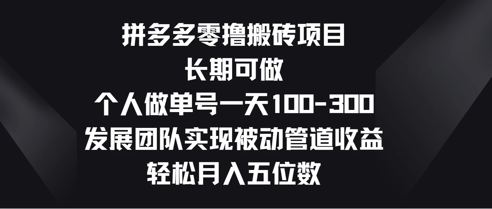 拼多多零撸搬砖项目，长期可做，个人做单号一天100-300，发展团队实现被动管道收益，轻松月入五位数 - 小萌资源网