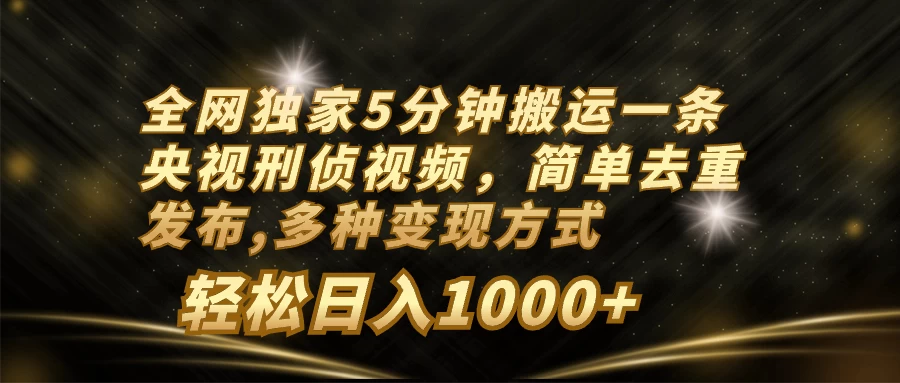 全网独家5分钟搬运一条央视刑侦视频，简单去重发布，多种变现方式，轻松日入1000+ - 小萌资源网
