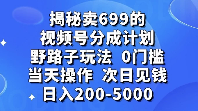 揭秘卖 699 的视频号分成计划野路子玩法，日入 200-5000，0 门槛，当天操作，次日见钱 - 小萌资源网
