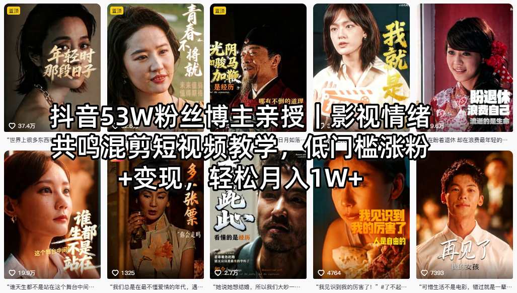 抖音53W粉丝博主亲授｜影视情绪共鸣混剪短视频教学，低门槛涨粉+变现，轻松月入1W+ - 小萌资源网