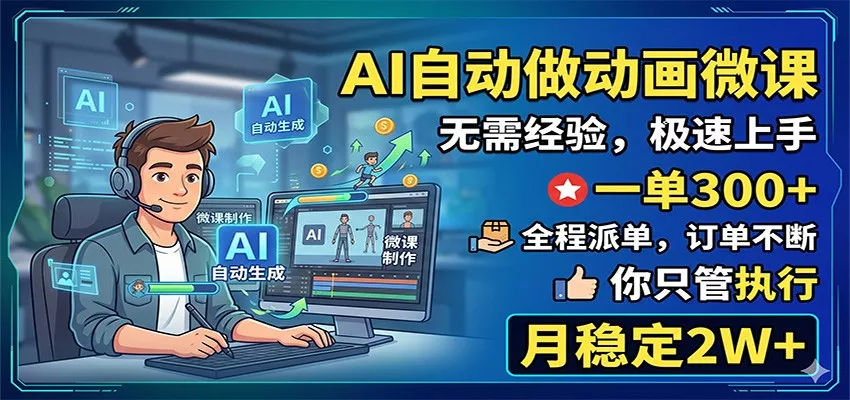 AI自动做动画微课，一单300+，全程派单，你只管执行，月稳定2W+ - 小萌资源网
