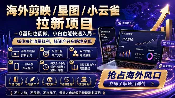 海外剪映 / 星图 / 小云雀拉新项目 普通人也能上手的跨境流量变现副业 - 小萌资源网