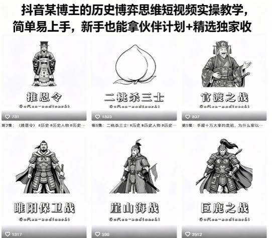 抖音某博主的历史博弈思维短视频实操教学，简单易上手，新手也能拿伙伴计划+精选独家收益 - 小萌资源网
