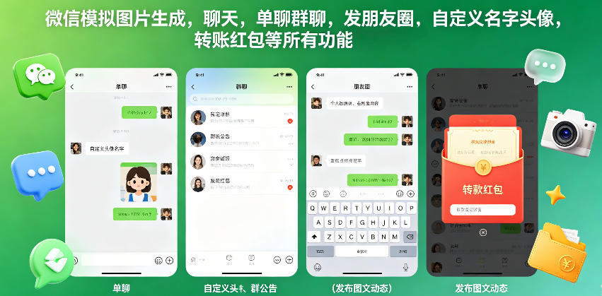 微信模拟图片生成，聊天，单聊群聊，发朋友圈，自定义名字头像，转账红包等所有功能都可以生成 - 小萌资源网