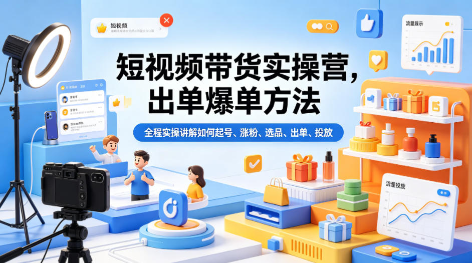 短视频带货实操营，出单爆单方法，全程实操讲解如何起号、涨粉、选品、出单、投放 - 小萌资源网