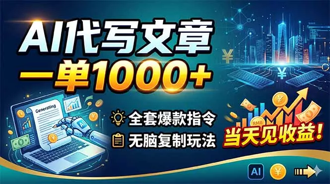 AI代写文章，一单1000+，全套爆款指令+无脑复制玩法，当天见收益！ - 小萌资源网