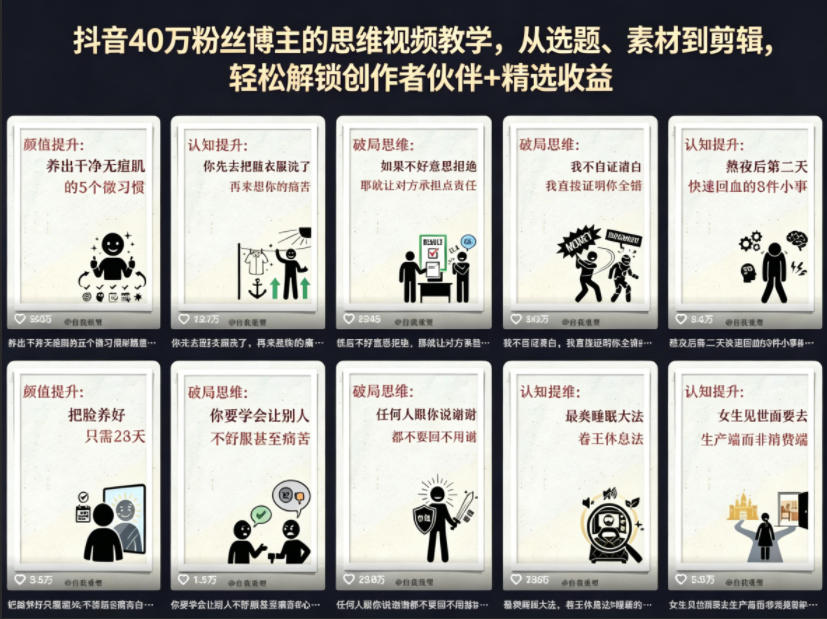 抖音40W粉丝博主的思维视频教学，从选题、素材到剪辑，轻松解锁创作者伙伴+精选收益 - 小萌资源网